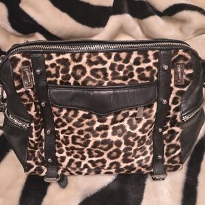 Snow Leopard Print and Black Leather Women's Bag